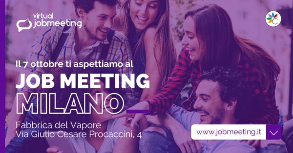 Cinque persone conversano, l'immagine ha un filtro viola e in sovra-impressione reca il nome, la data e il luogo dell'evento Job Meeting 2022.