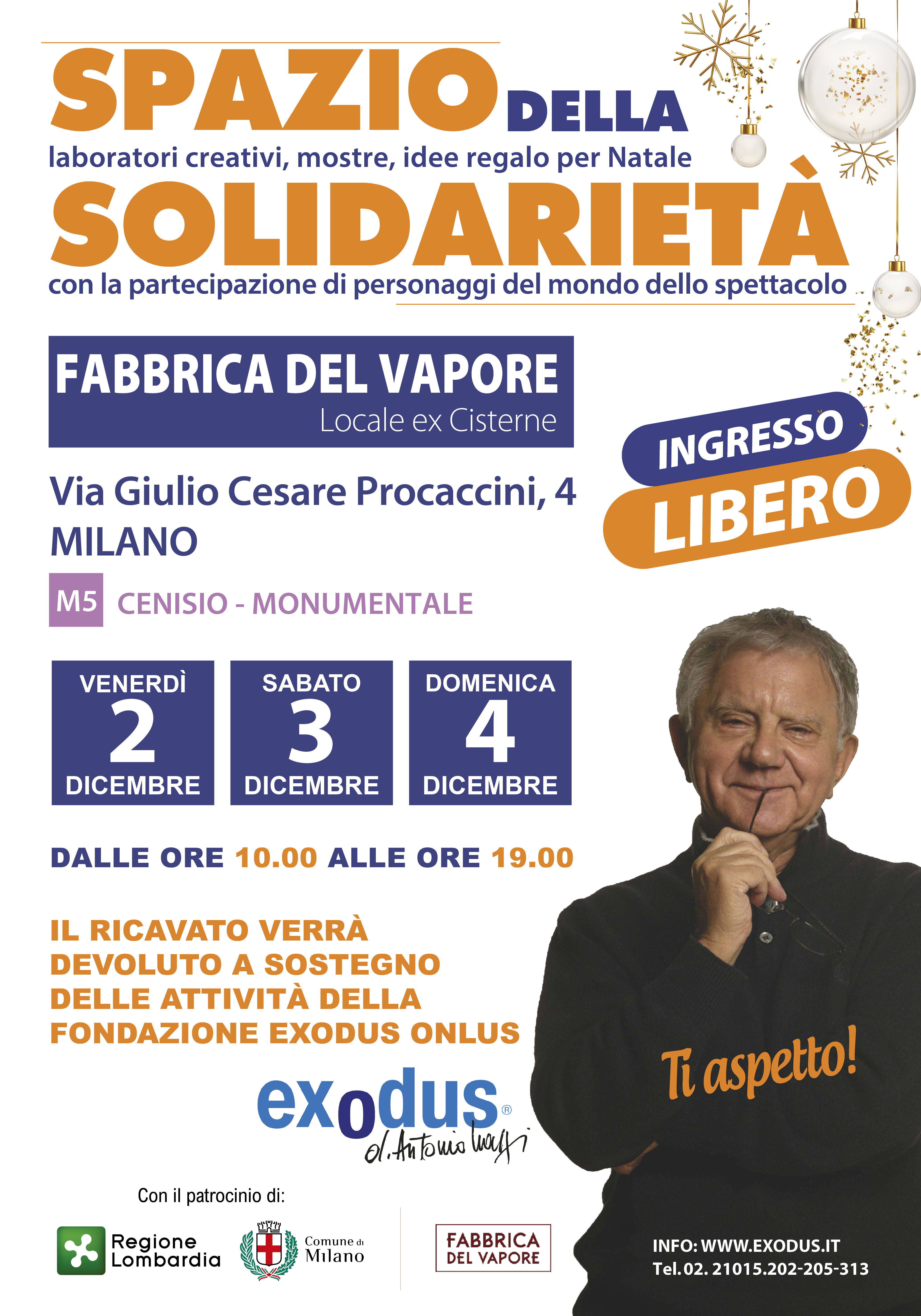 Locandina dell'evento Spazio della solidarietà di Exodus (Don Mazzi) con tutte le informazioni sulla tre giorni e un mezzo busto di Don Mazzi in basso a destra.