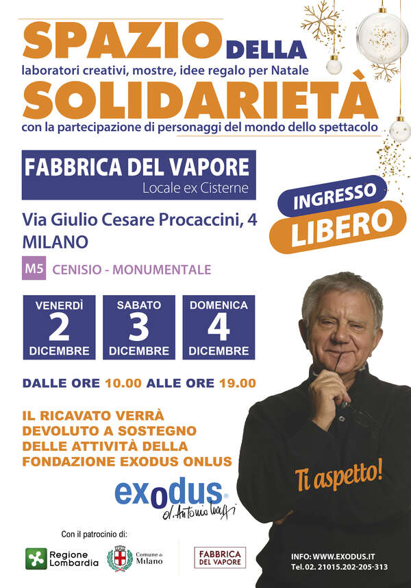 Locandina dell'evento Spazio della solidarietà di Exodus (Don Mazzi) con tutte le informazioni sulla tre giorni e un mezzo busto di Don Mazzi in basso a destra.